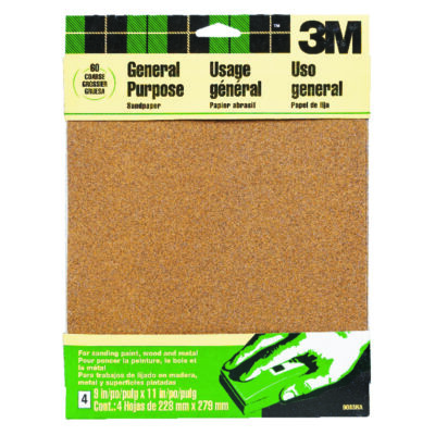 3M 11 in. L X 9 in. W 60 Grit Aluminum Oxide Sandpaper 4 pk